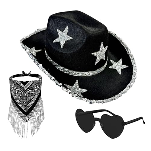 Gmokluytw Bling Cowboyhüte für Damen | 3 x klassischer Glitzer-Cowboyhut mit Sonnenbrille – Halloween-Party-Kostüm, Cosplay-Zubehör-Set für Damen und Herren von Gmokluytw