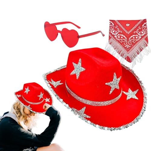 Gmokluytw Cowgirl-Hut mit Strasssteinen, 3 x herzförmige Sonnenbrille, Cowboyhut, Halloween-Party-Kostüm, glitzerndes lustiges Cosplay-Zubehör-Set für Rollenspiel-Partys von Gmokluytw