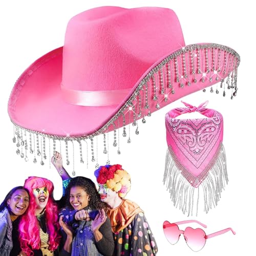 Gmokluytw Cowgirl-Hut- und Schal-Sets, Cowgirl-Hut für Party,3-teiliges Cowboyhut-Set mit Strass-Quasten - Bachelorette-Party-Kostüme, Western-Cowboy-Hut für Frauen, Abschlussfeier von Gmokluytw