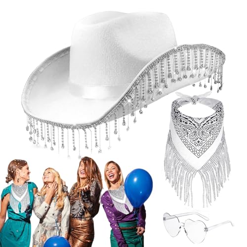 Gmokluytw Cowgirl-Hut- und Schal-Sets, Cowgirl-Hut für Party,3-teiliges Set Cowgirl-Hut für Bachelorette-Party-Kostüme | Western-Cowboyhut mit Herzbrille, Cowgirl-Schal von Gmokluytw