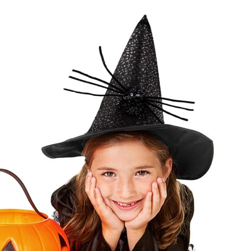 Gmokluytw Halloween-Zaubererhut, Halloween-Kostüm, Hexenhut, für Damen, Erwachsene, Zauberer-Kostüm, Cosplay, Partyhut mit schwarzer Spinne, spitzer Zaubererhut, breite Krempe, spitzer Hut für Damen, von Gmokluytw