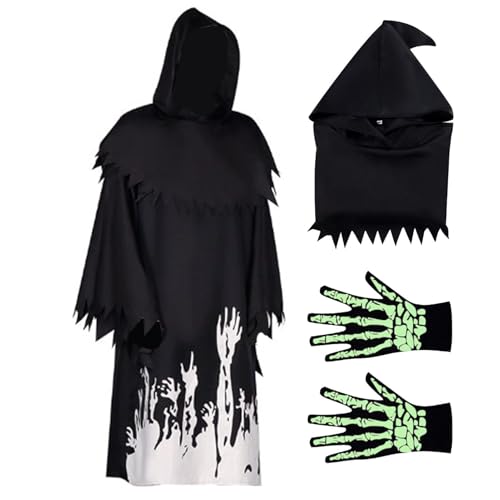 Gmokluytw Schwarzer Umhang mit Kapuze, Reaper-Halloween-Kostüm | Kapuzenumhang für Kinder | Glow In The Dark Death Reaper Gruselige Feiertagskostüme, atmungsaktiv für Partys, Cosplay von Gmokluytw