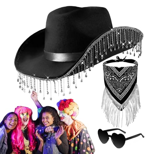 Gmokluytw Strass-Quasten-Cowgirl-Hut, Strass-Cowgirl-Hüte für Frauen,3er Set Strass Cowgirl Schal | Herz-Brillen-Set für Halloween, Maskerade, Abschlussfeier, Cosplay-Zubehör von Gmokluytw