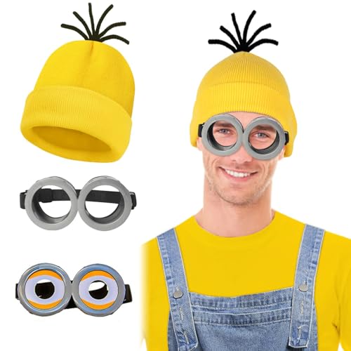 GmwyCzV 3 Stück Minion Kostüm Zubehör, Halloween Cosplay, Faschingskostüm Ich - Einfach Unverbesserlich, Steampunk Brille, Schwarze Handschuhe und Gelbe Beanie Hüte, für Damen Herren Kinder von GmwyCzV