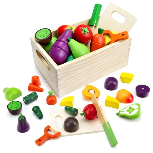 GoPlacs Kinderküche Spielküche Zubehör aus Holz Küchenspielzeug zum Schneiden Obst und Gemüse Kochsimulation Lernspielzeug Rollenspiele Geschenk (26 Stück) von GoPlacs