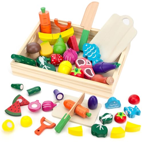 GoPlacs Kinderküche Spielküche Zubehör aus Holz Küchenspielzeug zum Schneiden Obst und Gemüse Kochsimulation Lernspielzeug Rollenspiele Geschenk von GoPlacs