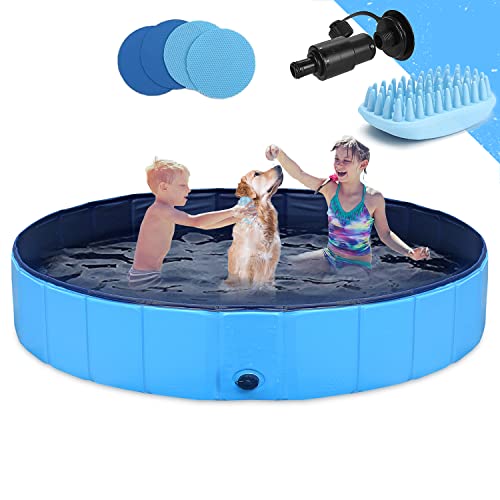 Hundepool Schwimmbecken Faltbarer Hund 63"x12" Planschbecken Swimmingpool Kinderpool Hundebadewanne Doggy Pool für Großes Haustier Hund Katze Kinder PVC rutschfest (Bonus Haustier Badebürste) von GoStock