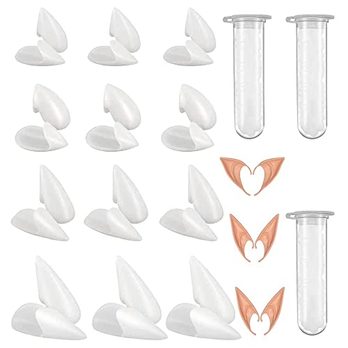 Gobesty Halloween Vampir Zähne, 15 Paar Vampir Fangs Kit 4 Größen Custom Fangs Vampire Zähne Gefälschte Zahnersatz mit 3 Rohr Zähne Pellets Klebstoff und 3 Paar Elfenohren für Cosplay Halloween von Gobesty