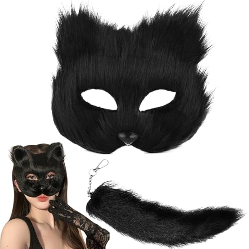 Gobesty Katzenmaske und Therianschwanz Set, pelzige Fuchsmaske und 16 lange Fuchsschwanz Schlüsselanhänger Halbgesichtsmaskerade Maske für Cosplay Fancy Kostüm Party Zubehör, Anime Cosplay Maske von Gobesty