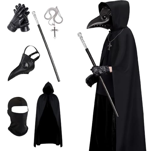 Gobesty Pestdoktor Kostüm, Halloween Pestarzt Kostüm, Plague Doctor Costume, Pest Doktor Kostüm Herren Outfits mit Pestdoktor Maske, Zepter, Kreuz-Halskette, Handschuhe, Kapuzenmantel für Erwachsene von Gobesty