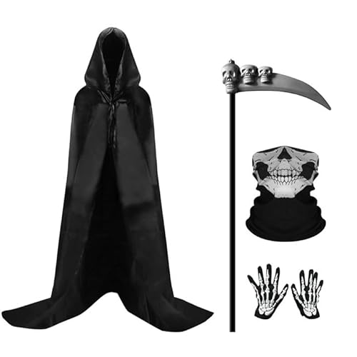 Gobesty Sensenmann Kostüm Herren, Halloween Umhang, Reaper Kostüm, 4-teiliges Tod Kostüm Set mit Mantel, Requisiten Sense, Handschuhe, Holographische Totenkopfmaske, für Erwachsene Cosplay, Schwarz von Gobesty