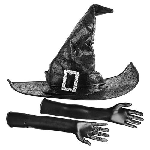 Godpqiui Halloween Hexenhut,Hexenhut Erwachsene | Zaubererkostüm Hexenhut - Zaubererhut mit langen Handschuhen, spitzer Hut, schwarzer Hut, Halloween-Kostümzubehör für Damen, Teenager, Mädchen von Godpqiui