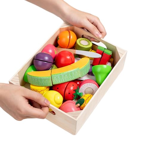 Godpqiui Stellen Sie Sich vor, Sie schneiden Lebensmittelspielzeug, Holzspiel-Essensset - Buntes Kinder-Set zum Spielen mit Essen, Obst und Gemüse - Tragbares Spiel-Essen-Set mit Lernkarte, von Godpqiui