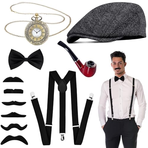 Goenb 20er Jahre Kostüm Herren Accessoires, Karneval Kostüm Herren Mafia Peaky Blinders Kostüm Mit Gangster Panamahut Vintage Taschenuhr Taschenuhr Fliege Für Karneval von Goenb