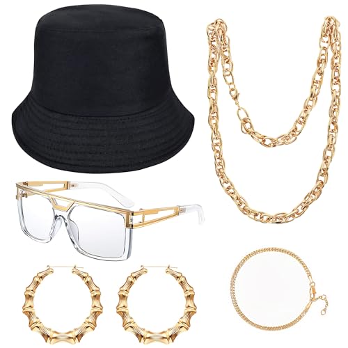 Goenb 80s 90s Accessories Outfit, Hip Hop Kostüm Kit Rapper Accessoires Eimer Hut Bambus Ohrringe Rapper Sonnenbrille Fake Gold Kette Hip Hop Accessoires 80s 90s Schmuck Outfit für Frauen Männer von Goenb