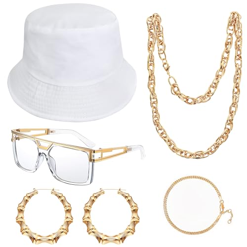 Goenb 80s 90s Accessories Outfit, Hip Hop Kostüm Kit Rapper Accessoires Eimer Hut Bambus Ohrringe Rapper Sonnenbrille Fake Gold Kette Hip Hop Accessoires 80s 90s Schmuck Outfit für Frauen Männer von Goenb