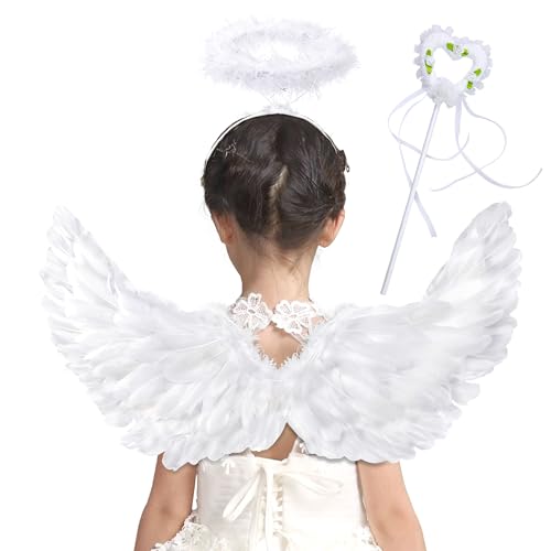 Goenb Engelsflügel, 63 * 33cm Engelsflügel Weiß Engel Kostüm Damen Kinder Herren Erwachsene Engelsflügel Amor Kostüm Damen Mit Heiligenschein Engel Für Halloween Karneval Geburtstag Party von Goenb