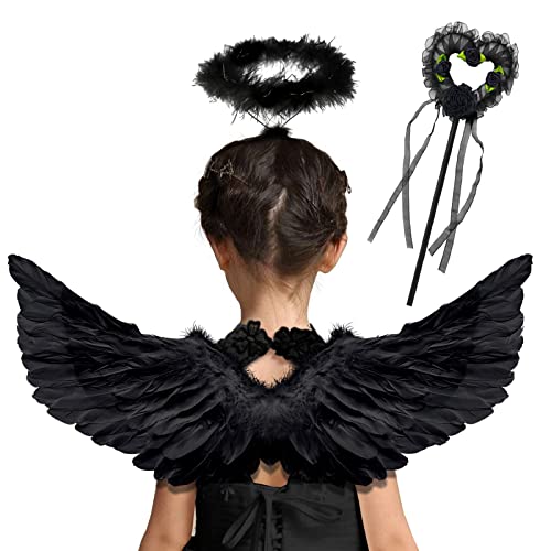 Goenb Engelsflügel, 63*33cm Engelsflügel Schwarz Engel Kostüm Damen Kinder Herren Erwachsene Engelsflügel Amor Kostüm Damen Mit Heiligenschein Engel Für Halloween Karneval Geburtstag Party von Goenb