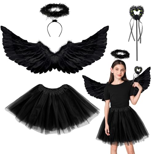 Goenb Engelsflügel, 63 * 33cm Schwarz Engelsflügel und Halo Wand Engel Kostüm Zubehör mit Tüll Tutu Rock für Frauen Mädchen für Halloween Weihnachten Karneval Fasching Mottoparty von Goenb