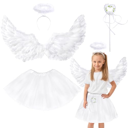 Goenb Engelsflügel, 63 * 33cm Weiß Engelsflügel und Halo Wand Engel Kostüm Zubehör mit Tüll Tutu Rock für Frauen Mädchen für Halloween Weihnachten Karneval Fasching Mottoparty von Goenb