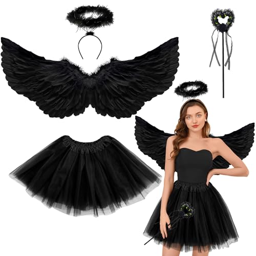 Goenb Engelsflügel, 80 * 40cm Schwarz Engelsflügel und Halo Wand Engel Kostüm Zubehör mit Tüll Tutu Rock für Halloween Weihnachten Karneval Fasching Mottoparty von Goenb