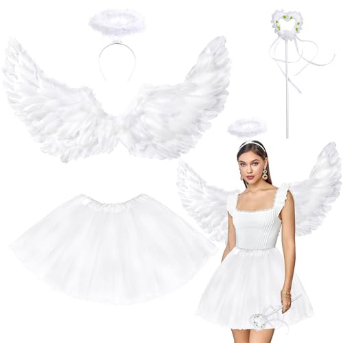 Goenb Engelsflügel, 80 * 40cm Weiß Engelsflügel und Halo Wand Engel Kostüm Zubehör mit Tüll Tutu Rock für Frauen Mädchen für Halloween Weihnachten Karneval Fasching Mottoparty von Goenb