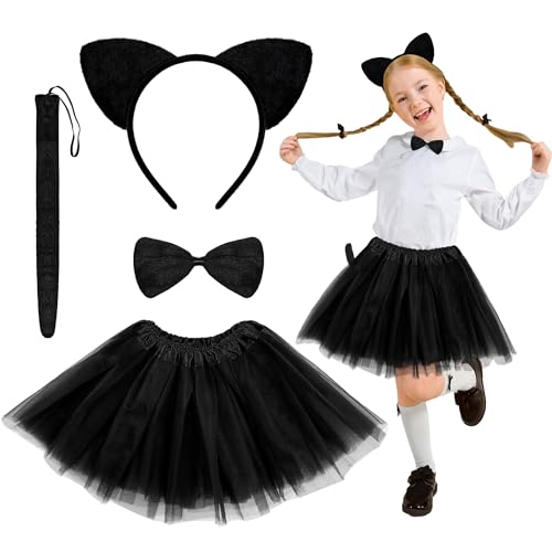 Goenb 4 Stück Katzenkostüm,Katzenkostüm Kinder Mädchen Katze Cosplay Set Katzenohren Haarreif Fliege Katzenschwanz Mit Schwarz Tütü Adorable Katzen Kinder Tierkostüm Für Karneval Halloween von Goenb