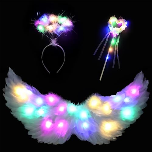 Goenb Leuchtend Engelsflügel, 60 * 30cm LED Engel Kostüm Damen Engelsflügel Weiß Light up Engelsflügel Engels Flügel Kostüm Mit Heiligenschein Und Zauberstab Für Karneval Fasching Cosplay von Goenb