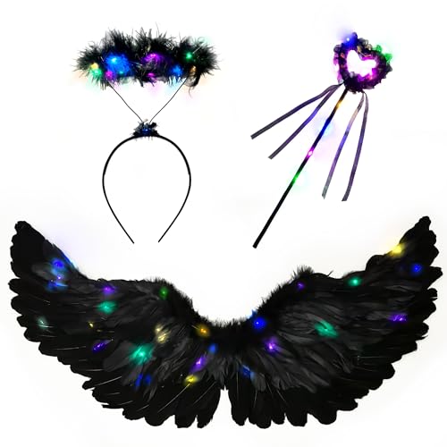 Goenb Leuchtend Engelsflügel, 80 * 40cm LED Engel Kostüm Damen Engelsflügel Schwarz Light up Engelsflügel Engels Flügel Kostüm Mit Heiligenschein Und Zauberstab Für Karneval Fasching Cosplay von Goenb