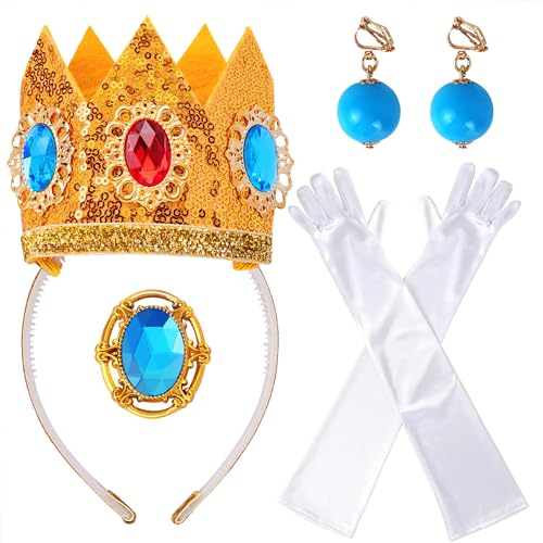 Goenb Prinzessin Peach Kostüm Zubehör, 4 Stück Set Von Prinzessin Peach Krone Ohrringe Handschuhe Brosche Dress up Für Frauen Für Karneval Halloween Cosplay Dress up Birthday Party von Goenb