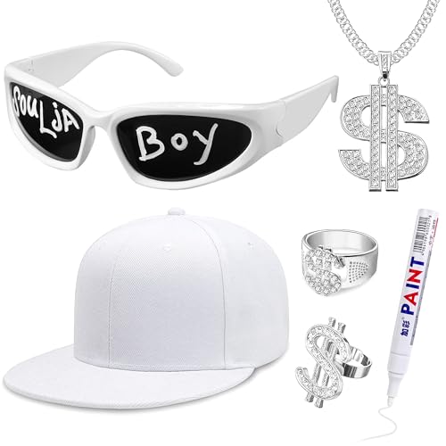 Goenb Solja Boy Hip Hop Kostüm Set, Rapper Kostüm Zubehör 80er 90er 20er Jahre Hip Hop Kostüm Zubehör mit Brille Dollarkette Ring weiße Mütze für Männer Frauen Rapper Fans (6 Stück) von Goenb