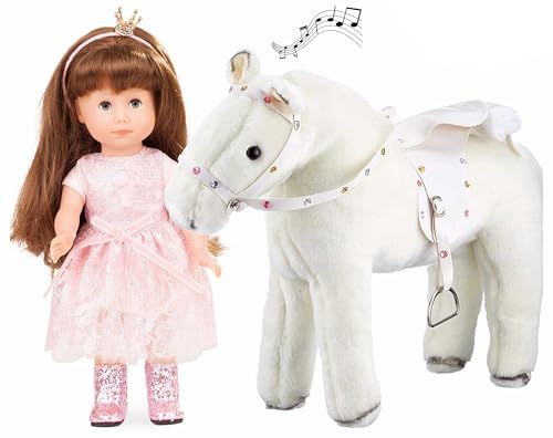 Götz 2113137 Just Like me Chloe mit Weißem Blitz - Prinzessin Chloe Puppe mit Plüschpferd - 27 cm große Stehpuppe mit extra Langen braunen Haaren, blauen Schlafaugen in 14-teiligen Set von Götz