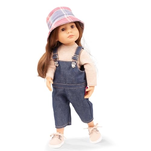 Götz 2411035 Little Kidz Grete Denim Puppe - 36 cm große Multigelenk-Stehpuppe mit braunen Haaren und braunen Augen - 6-teiliges Set von Götz