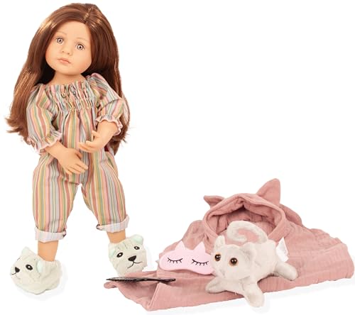 Götz 2511042 Little Kidz Grete PJ Party Puppe - 36 cm große Multigelenk-Stehpuppe mit braunen Haaren und grauen Augen - 8-teiliges Set von Götz