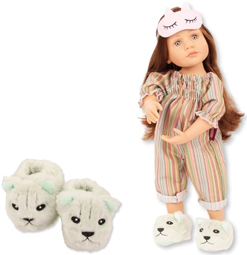 Götz 2511547 Little Kidz Puppe Gretes Slumberparty Geschenkbox - 36 cm große Multigelenk-Stehpuppe mit braunen Haaren und grauen Augen - 7-teiliges Set von Götz