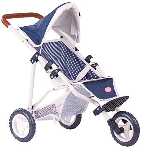 Götz 3403081 3-Rad Puppen-Buggy Denim Dots Puppenwagen - passend für alle Götz Puppen bis 50 cm mit Aufbewahrungskorb und verstellbarem Verdeck von Götz