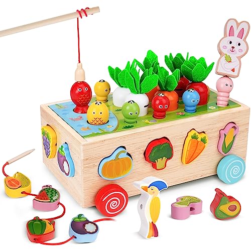 Goffii Baby Kinder Montessori Spielzeug, 8-in-1 Bauernhof Holzpuzzles, Karotten ernten Sortier Stapelspielzeug, Hand Auge Koordination Motorikspielzeug ab 3 4 5 Jahre altes Mädchen Jungen Geschenk von Goffii