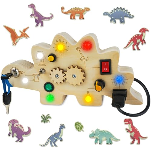 Goffii Montessori Spielzeug, Kinder Activity Busy Board Dinosaurier Spielzeug ab 1 2 3 4 Jahre, Sensorisches Holzspielzeug, Lichtschalter Lernspielzeug Motorikspielzeug für Kleinkinder Jungen Mädchen von Goffii