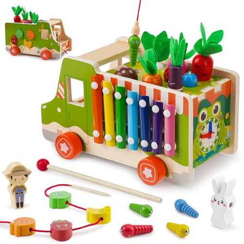 Goffii Montessori Spielzeug ab 3 4 5 Jahre, 10 in 1 Kinderspielzeug, Truck Holzspielzeug, Sortier Stapelspielzeug Fruit Vegetable Theme, Motorikspielzeug Geschenk für Mädchen Jungen Kinder Baby von Goffii