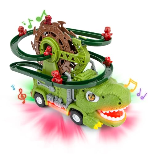 Dinosaurier Dia Track Musik Spielzeugauto, elektrisches Klettern Treppen Slide Spielzeug, Rennstrecke Achterbahn mit Lichtern Spaß Geschenke für Jungen Mädchen Kinder an Weihnachten Geburtstag von Gofimyee