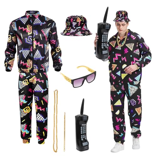 80er 90er Outfit Herren, Trainingsanzug Kostüm für Herren und Damen Bad Taste Outfit Herren Damen mit Goldkette Stirnband Armbänder Brille Aufblasbare Radio für Karneval Cospaly XL von Gohytal