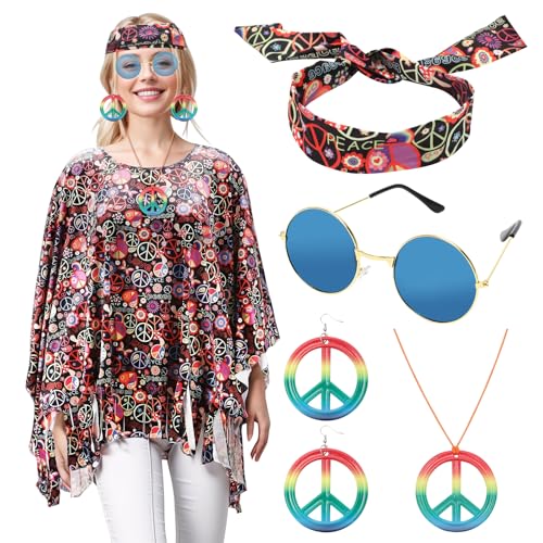 Gohytal 5 Stück 60er 70er Hippie Kostüm Damen,Hippie Poncho mit Frieden Zeichen Halskette Ohrringe Stirnband Retro Sonnenbrille,Party Outfit Zubehör für Fasching Karneval Neujahr Silvester Jahre Party von Gohytal