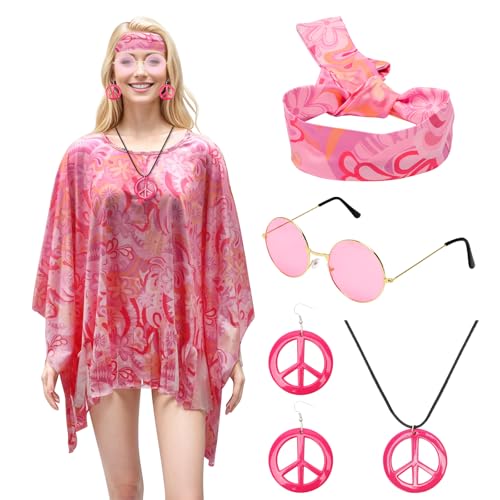 Gohytal 5 Stück 60er 70er Hippie Kostüm Damen,Hippie Poncho mit Frieden Zeichen Halskette Ohrringe Stirnband Retro Sonnenbrille,Party Outfit Zubehör für Neujahr Silvester Fasching Karneval Jahre Party von Gohytal