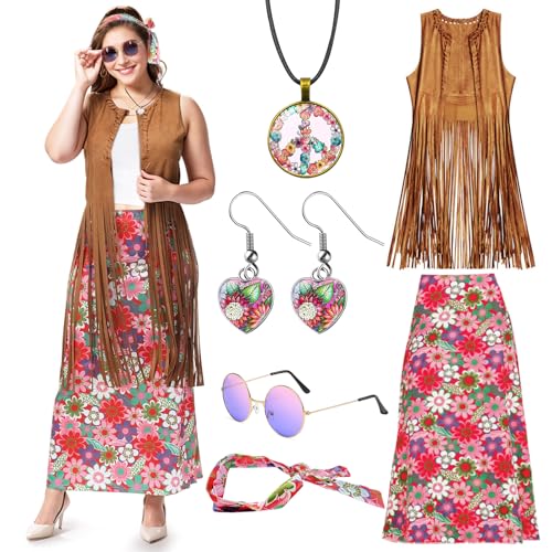 Gohytal 60er 70er Jahre Hippie Kostüm Damen Set, Faschingskostüme Damen mit Fransenweste Trägerkleid Hippie Accessoires Disco Outfit Damen Zeitreise Kostüm für Frauen Karneval 80er Jahre Mottoparty von Gohytal