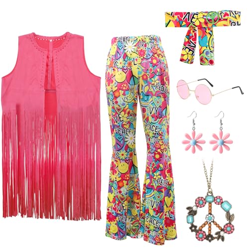 Gohytal 60er 70er Jahre Hippie Kostüm Damen, Fransenweste Schlaghose mit Hippie Accessoires Disco Outfit Damen Zeitreise Kostüm Boho Set für Frauen Karneval 1970er-Kostüm 80s Jahre Mottoparty XL von Gohytal