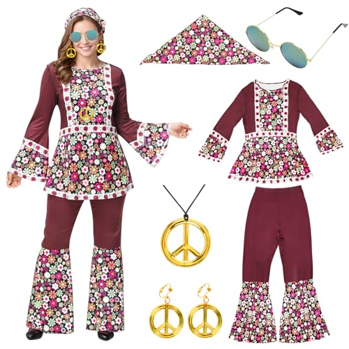 Gohytal Hippie Kostüm Damen, Hippie Kleid Accessoires 60er 70er Jahre Hippie Kleidung Damen, Bekleidung Damen, Faschingskostüme Hippie Mottoparty Kostüm Damen, Schlaghose für Silvester, Karneval von Gohytal