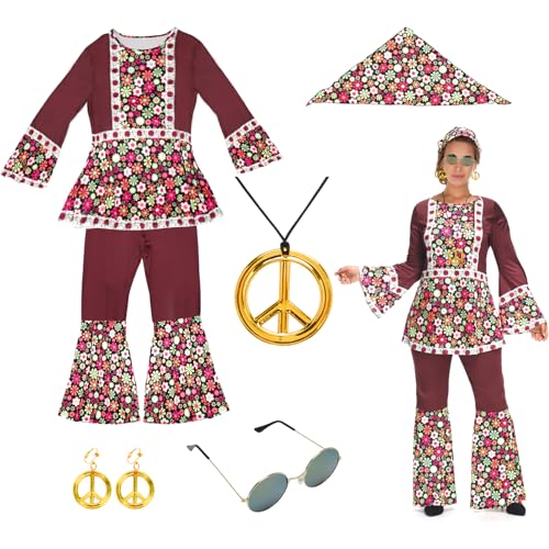 Gohytal 70er Jahre Hippie Kostüm Damen, Faschingskostüme Hippie Mottoparty Zeitreise Kostüm mit Schlaghose Oberteil Accessoires Hippie Damen Flower Kleidung für 60er 70er 80er Theme Party Cosplay von Gohytal