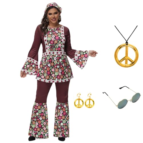 Gohytal 70er Jahre Hippie Kostüm Damen, Faschingskostüme Hippie Mottoparty Zeitreise Kostüm mit Schlaghose Oberteil Accessoires Hippie Damen Flower Kleidung für 60er 70er 80er Theme Party Cosplay von Gohytal