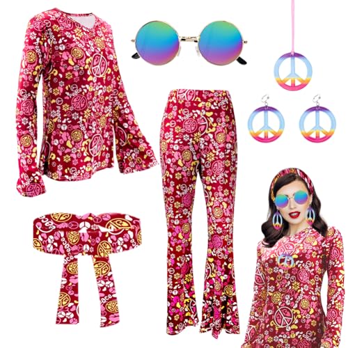 Gohytal 70er Jahre Hippie Kleidung Damen Set, 7er Set Hippie Kostüm Set für Frauen, 60er 70er Bekleidung Damen Hippie Kostüm Damen Disco Outfit 70er Mode Flower Kleidung Damen Faschingskostüm - XXL von Gohytal