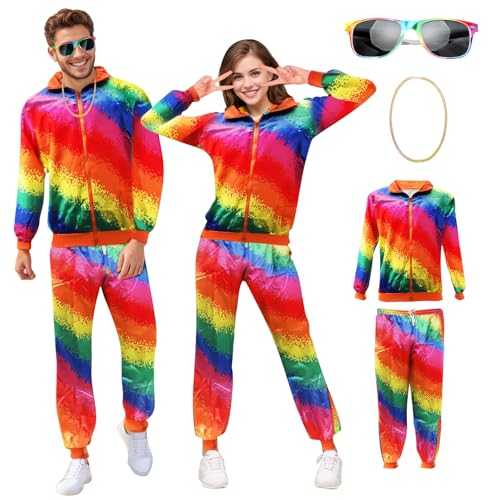 Gohytal 80er Jahre Kostüm Herren Damen, 80er Jahre Trainingsanzug Jacke Hose Anzug 80er Accessoire Bad Taste Outfit Tracksuit Sportbekleidung für Mottopartys Fasching Outfit Paare Karneval Cosplaya von Gohytal